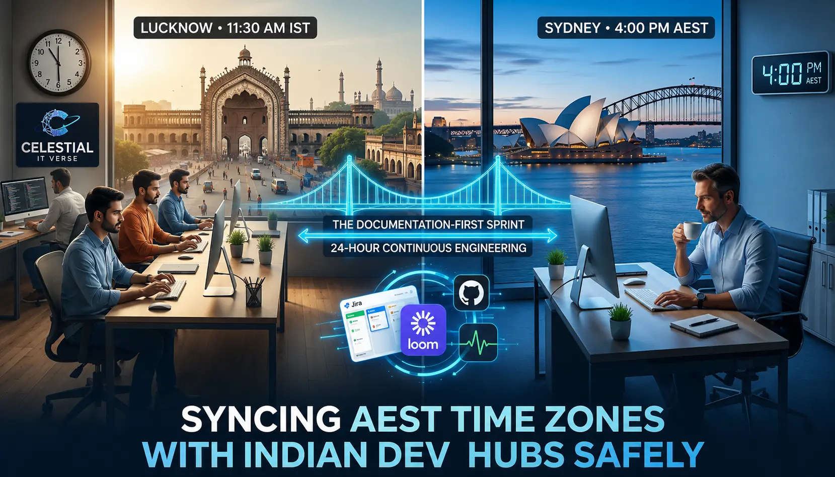 Syncing AEST time zones with Indian dev hubs via Celestial IT Verse.